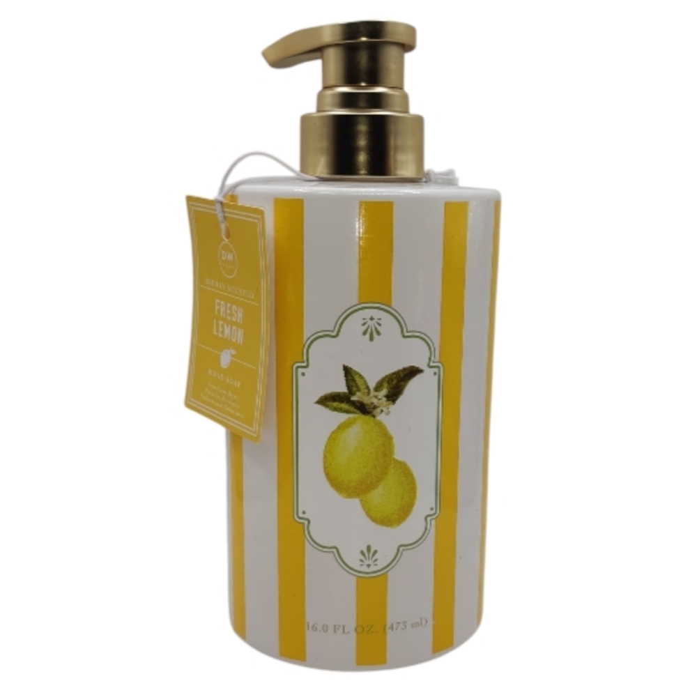 DW Home Fresh Lemon Hand Soap Refillable Yellow & White Decorative Glass Bottle